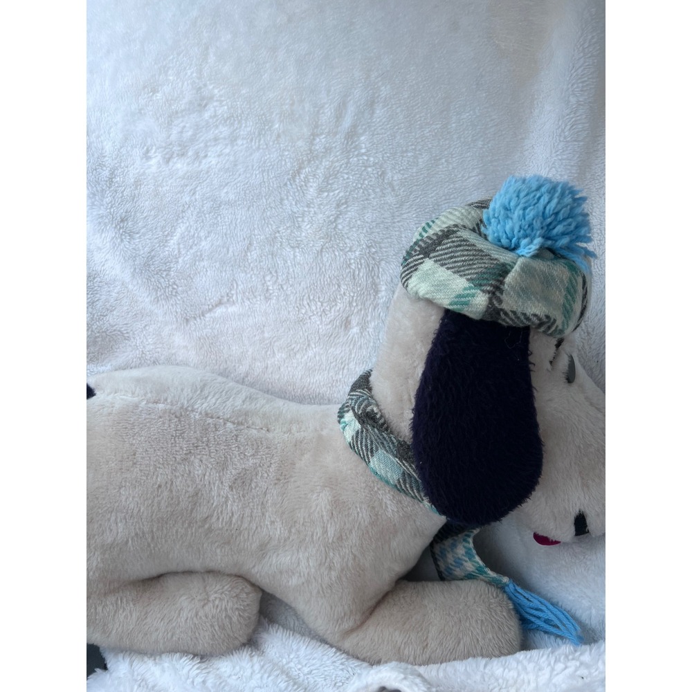Vintage Unisex Peanuts Snoopy Plush Large Cream Blue Plaid Hat Scarf